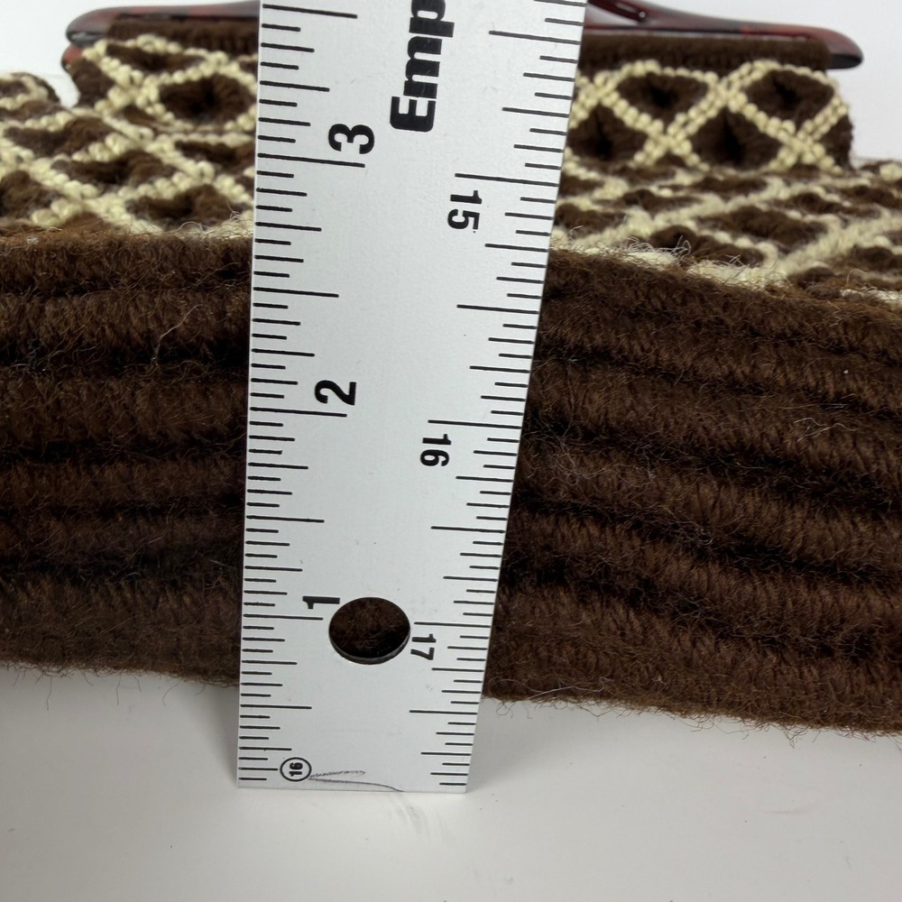 Vintage 70s Wool Handbag Brown Cream Diamond Pattern Tortoiseshell Handle Bag - Picture 9 of 10